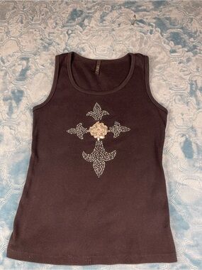Black Rhinestone Cross Tank Top with Floral Accent - Women